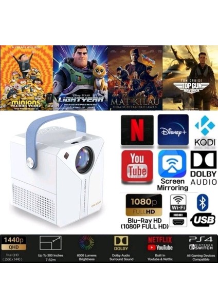 4K Wifi Projektör USB HDMI Tf Kart Girişli Dahili Hoparlör ile Yansıma