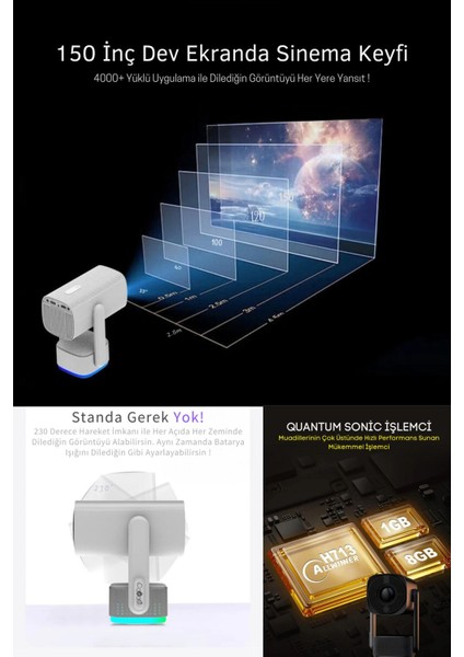 Taşınabilir Kablosuz Android Projeksiyon 4K Full Hd Rgb Işıklı Sinema Projektör