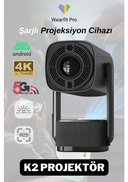 Şarjlı 4K Android Projektör, 5g, Wi-Fi, Full Hd, Siyah