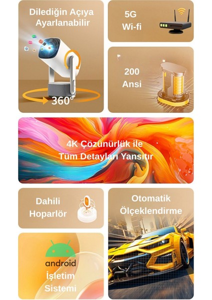 Şarjlı 4K Android Projektör, 5g, Wi-Fi, Full Hd, Siyah modelleri
