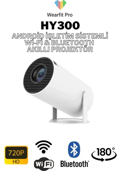 Taşınabilir 180° Dönebilen Wi-Fi ve Bluetooth Android Projeksiyon Cihazı, Beyaz Renk
