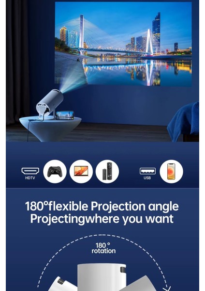 Taşınabilir 180° Dönebilen Wi-Fi ve Bluetooth Android Projeksiyon Cihazı, Beyaz Renk