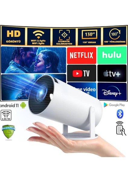 Taşınabilir Wifi Destekli Hd Akıllı Projektör Beyaz, Android Uyumu, En Güncel Sürüm