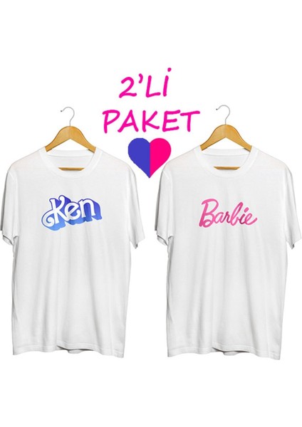 2'li Barbie ve Ken Baskılı Beyaz Tişört