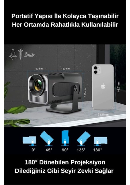 4K 1080P Kablosuz Bluetooth Projektör Siyah indirimleri