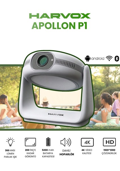 Taşınabilir 4K 1080P Android Sinema Projektörü, Powerbankli, Beyaz