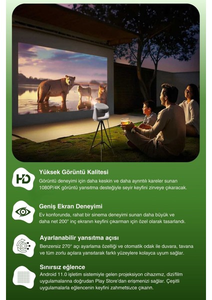 Taşınabilir 4K 1080P Android Sinema Projektörü, Powerbankli, Beyaz