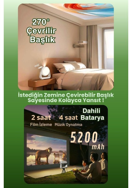 Taşınabilir 4K 1080P Android Sinema Projektörü, Powerbankli, Beyaz