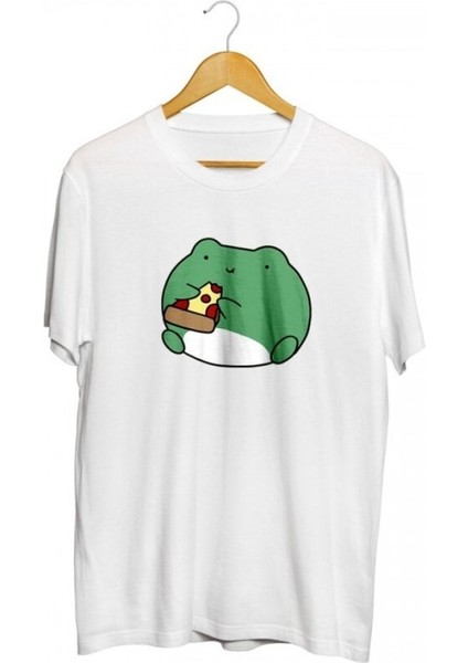 Pizza Yiyen Kurbağa Baskılı Unisex Tişört