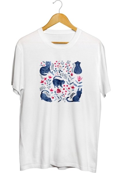 Çiçekli Kediler Baskılı Unisex Tişört