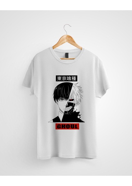Unisex Beyaz Tokyo Ghoul Ken Kaneki Anime Baskılı Tişört
