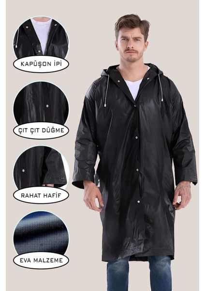 Main Shop 1 Adet Kadın Erkek Yağmurluk Kapüşonlu Çıtçıtlı Eva Siyah Yağmurluk M-2532 modelleri