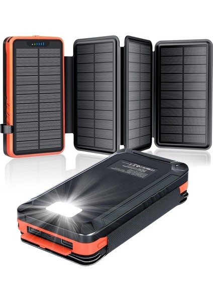 Acil Durum Solar Power Bank 26800MAH, 4 Güneş Paneli, Su Geçirmez, LED Fenerli Harici Pil