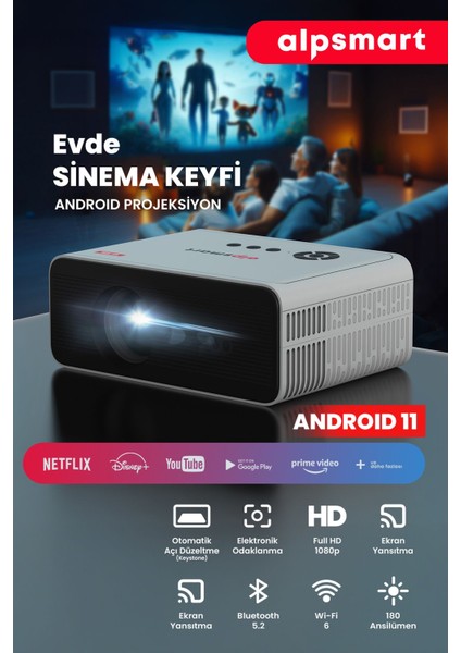 Taşınabilir Android Projeksiyon Cihazı, Wi-Fi, Bluetooth, Android 11, Beyaz Renk