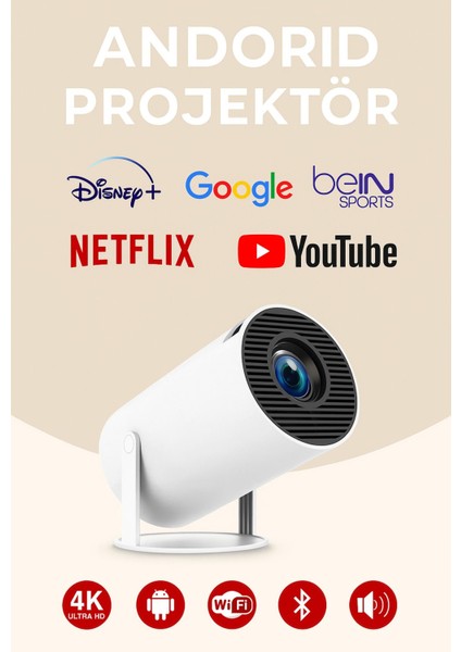 Taşınabilir Projektör, 50.000 Saat Led, Wi-Fi, Hd Görüntü Kalitesi, Beyaz