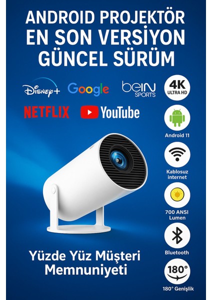 Taşınabilir Projektör, 50.000 Saat Led, Wi-Fi, Hd Görüntü Kalitesi, Beyaz fırsatları