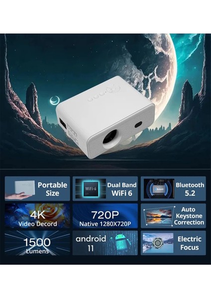 Taşınabilir Akıllı Projektör, Wi-Fi, Bluetooth, Android 11, 2gb Ram, 32GB Depolama fiyatları