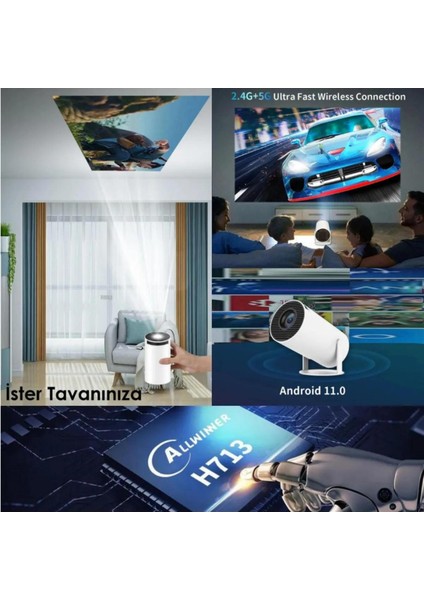 Taşınabilir Android Projektör, Ultra Hd, Bluetooth, Wi-Fi, Ev Sineması, Akıllı Kumanda