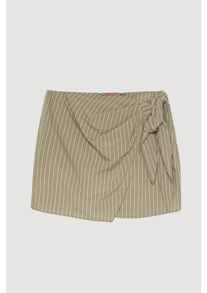 Volan Bağlamalı Çizgili Mini Etek Haki fiyatları
