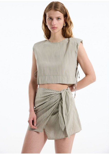 Volan Bağlamalı Çizgili Mini Etek Haki modelleri