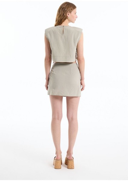 Volan Bağlamalı Çizgili Mini Etek Haki indirimleri