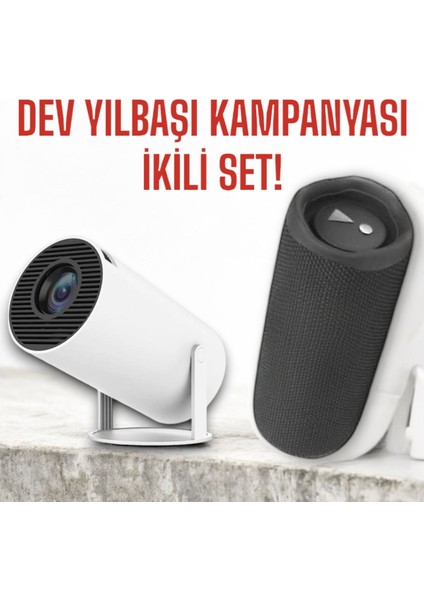 Yılbaşı Özel 4K Wi-Fi Taşınabilir Projeksiyon ve Bluetooth Hoparlör Seti Beyaz