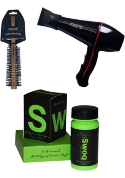 Siyah Profesyonel Fön Makinesi ve Fırça Seti, Pudra Wax ile Mükemmel Sonuç