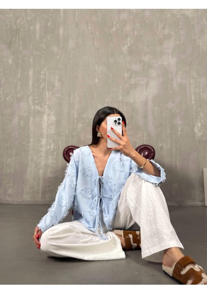 Püsküllü Önü Bağlamalı Keten Kimono Ceket fiyatları