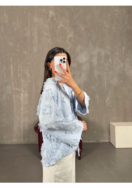 Püsküllü Önü Bağlamalı Keten Kimono Ceket modelleri