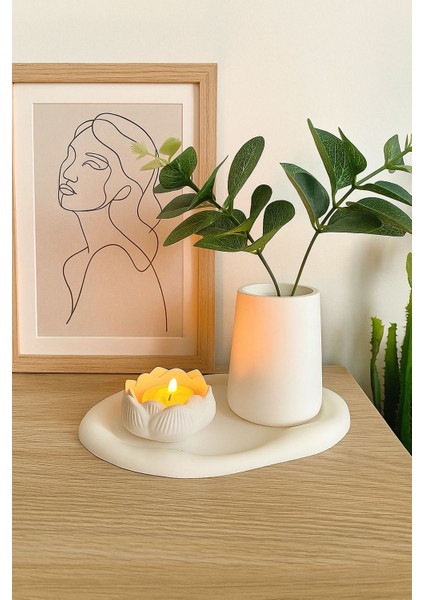 Dekoratif 3’lü Set | Oval Tabak, Silindir Vazo, Lotus Takı Tabağı
