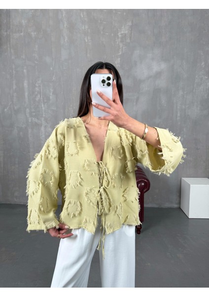 Püsküllü Önü Bağlamalı Keten Kimono Ceket