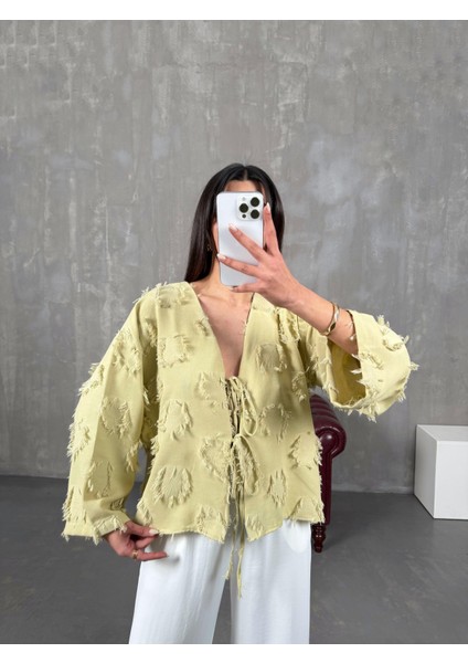 Püsküllü Önü Bağlamalı Keten Kimono Ceket fırsatları