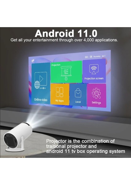 Yüksek Çözünürlüklü Taşınabilir 4K Projektör, Çift Wifi, Bluetooth, Android 11, 150 Ansı fiyatları
