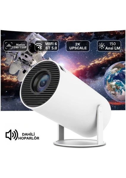 Taşınabilir 720P Projeksiyon, Wi-Fi, Bluetooth, Android 11 Uyumlu, Portatif ve Şık Tasarım