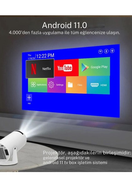 Taşınabilir 720P Sinema Projeksiyonu, Bluetooth, Android 11, Ev ve Seyahat Için Ideal fiyatları