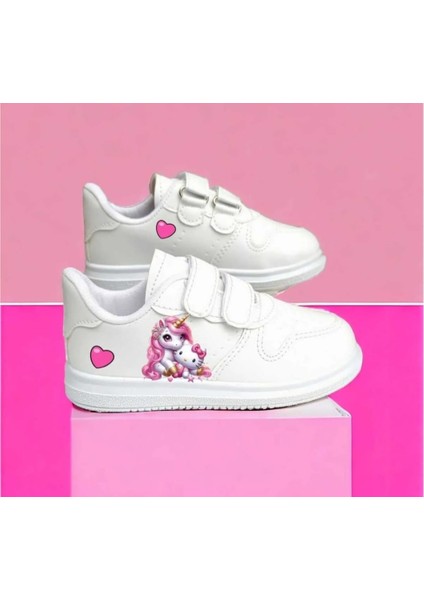Kedicik ve At Baskılı Kız Çocuk Spor Ayakkabı Sneaker