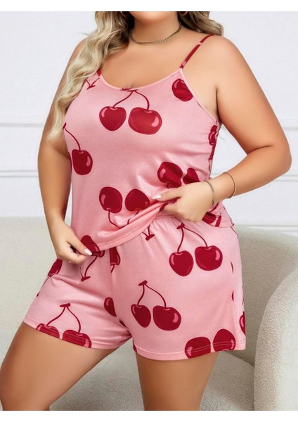 Aria's Closet Büyük Beden Pembe Kiraz Desen Ince Askılı Pamuklu Şortlu Pijama Takımı fiyatları