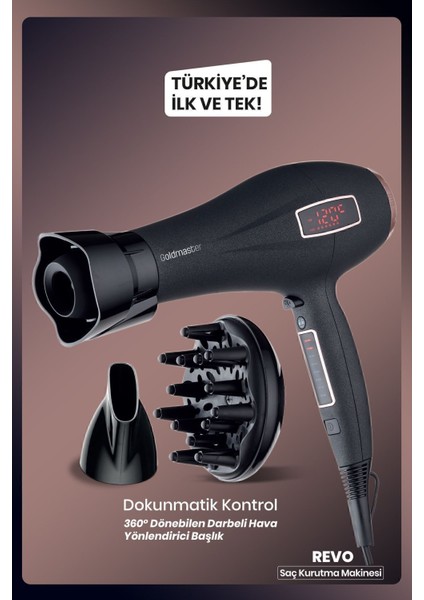 Şık ve Fonksiyonel Dokunmatik Saç Kurutma Makinesi, Siyah Renk, Kolay Kullanım.
