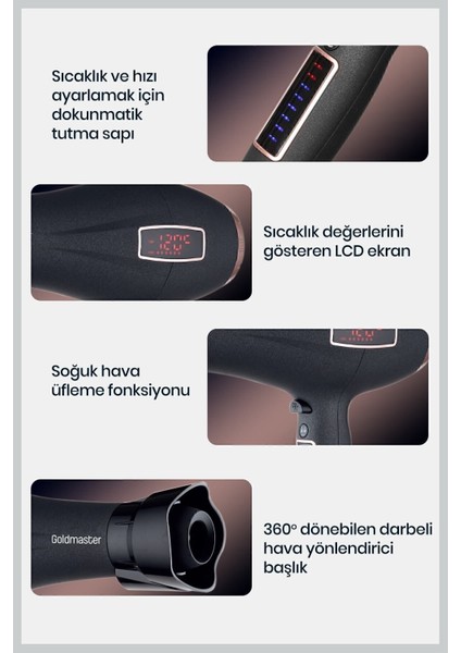 Şık ve Fonksiyonel Dokunmatik Saç Kurutma Makinesi, Siyah Renk, Kolay Kullanım. modelleri