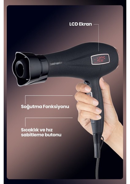 Şık ve Fonksiyonel Dokunmatik Saç Kurutma Makinesi, Siyah Renk, Kolay Kullanım.