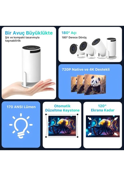 Yüksek Parlaklıkla 4K Uyumu Mini Akıllı Projektör, Kablosuz Bağlantı Özelliği modelleri