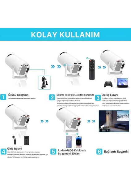Yüksek Parlaklıkla 4K Uyumu Mini Akıllı Projektör, Kablosuz Bağlantı Özelliği