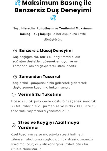 Kireç Önleyici Özellikli Yüksek Basınçlı Su Tararruflu Duş Başlığı
