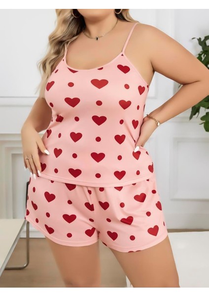 Aria's Closet Büyük Beden Pembe Kalp Desen Pamuklu Şortlu Pijama Takımı