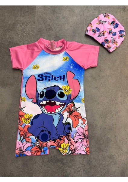 Kız Çocuk Stıch Karakter Baskılı Tulum Mayo Bone Takım