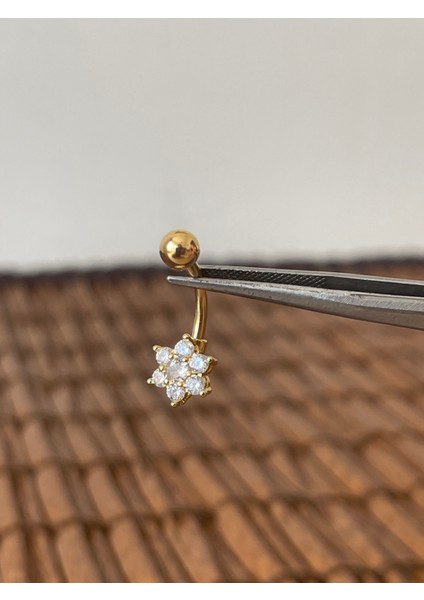 316 L Cerrahi Çelik Çiçek Modeli Zirkon Taşlı Göbek Piercingi