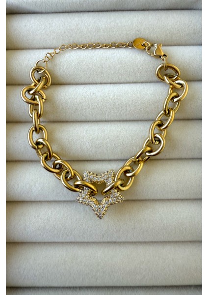 Zirkon Taşlı Yıldız Motif Kadın Bileklik 20 cm Paslanmaz Bileklik Gold