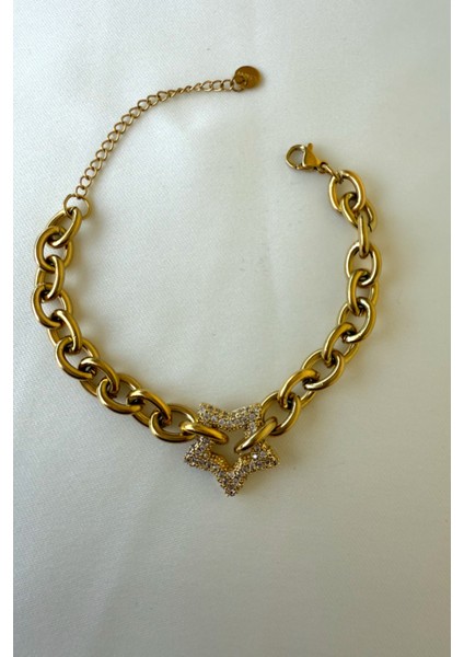Zirkon Taşlı Yıldız Motif Kadın Bileklik 20 cm Paslanmaz Bileklik Gold modelleri