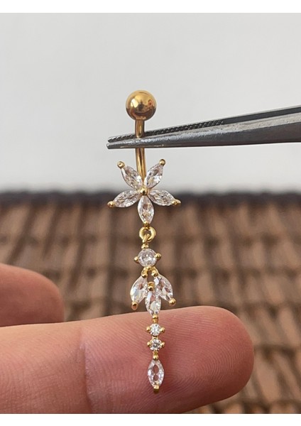 316 L Cerrahi Çelik Markiz Kesim Zirkon Parlak Taşlı Sallantılı Göbek Piercingi,