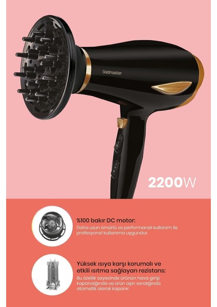2200W Dc Motorlu Isı ve Hız Ayarlı Saç Kurutma Makinesi, Gold Siyah modelleri
